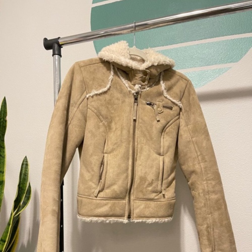 GUESS Suede Sherpa Teddy Jacket Brown Beige M